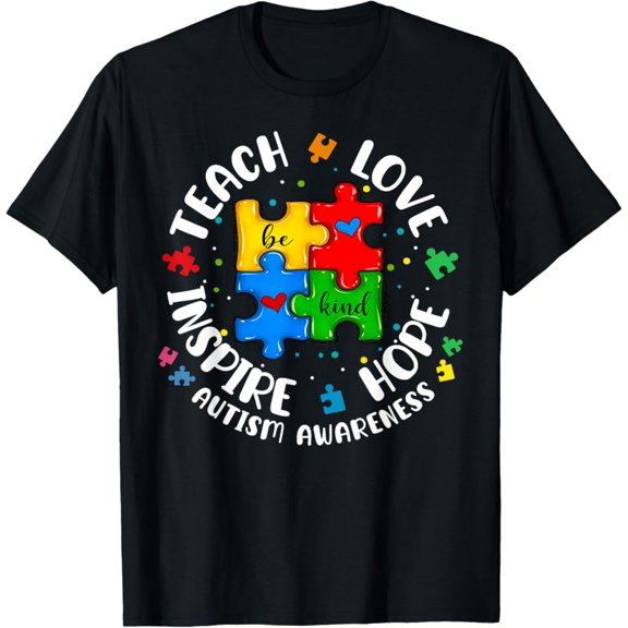 Gildan Teach Love Hope Inspire Autism Awareness Be Kind Teacher Kid T-Shirt Gift for Men Women Unisex Tee
