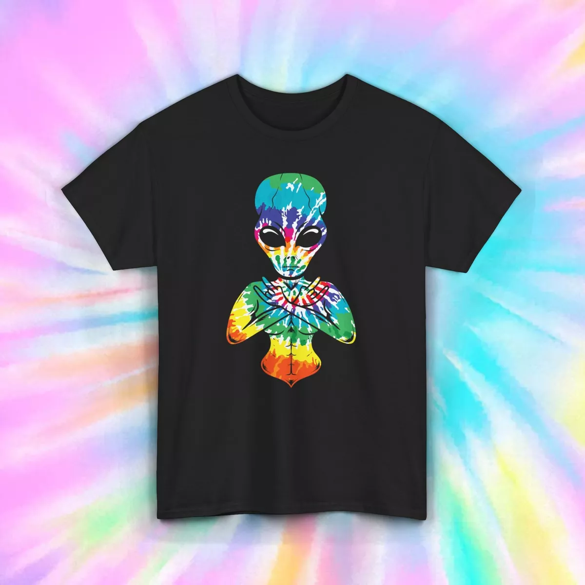 Gildan Tie-Dye Alien T-Shirt Peace Love Hippie Graphic Retro Tee Unisex ...
