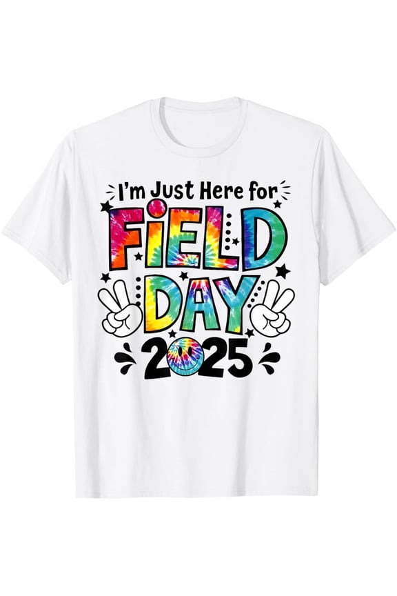 Tie Dye Just Here For Field Day 2025 Peace Sign Teacher Kids T-Shirt