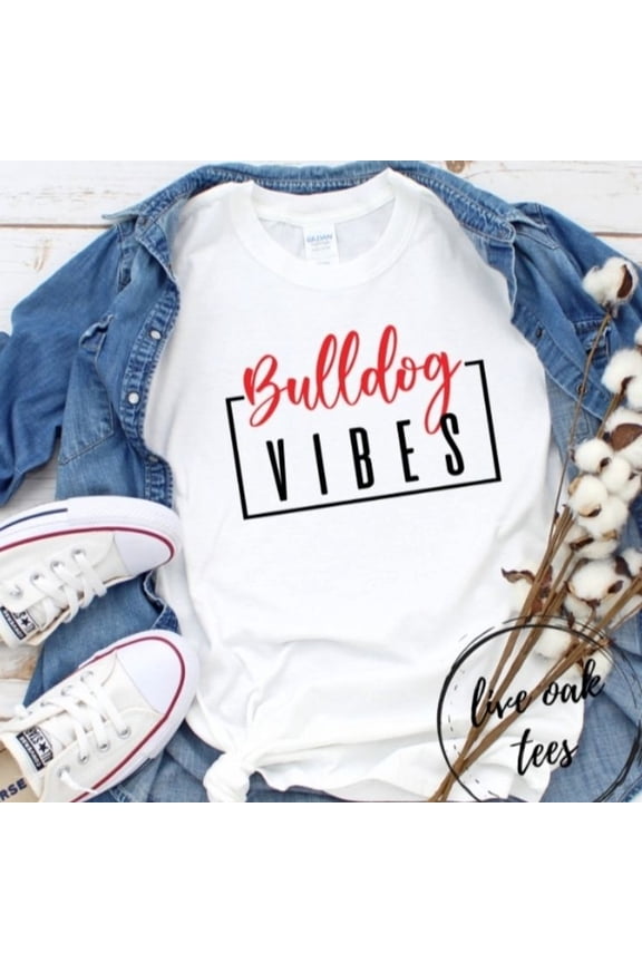 Gildan Tops _ Ga Bulldog Football Vibes_.. hirt _ Color_ Red_White _ Size_ Various