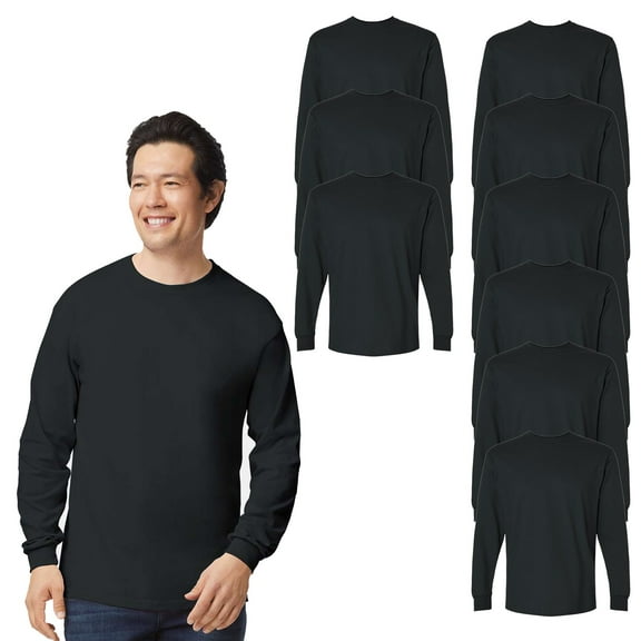 Gildan Ultra Cotton Comfortable T-Shirt with Long Sleeve, Men Crew Neck Bulk Tee, Black, S, 9-Pack