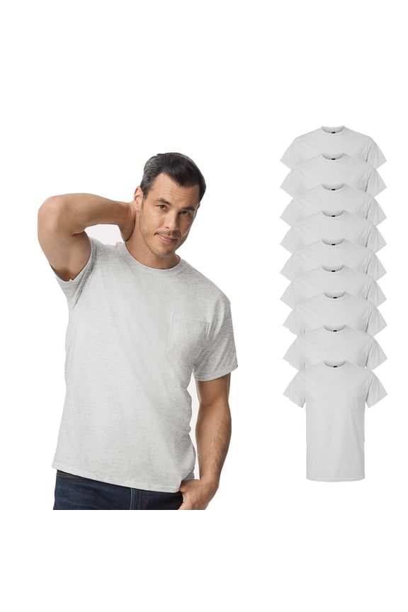 Ultra Cotton Crew Neck Pocket T-Shirt, Men Short Sleeve Classic Tee, Ash, Bulk Pack of 9, Size-S