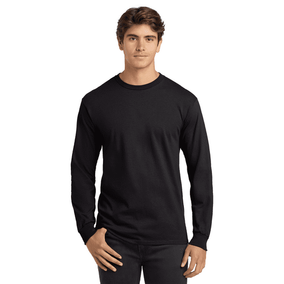Gildan Ultra Cotton Crewneck T-Shirt for Men, Long Sleeve Classic Fit Black Tee, L