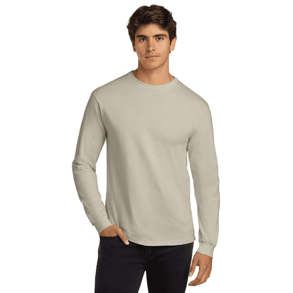 Gildan Ultra Cotton Crewneck T-Shirt for Men, Long Sleeve Classic Fit Sand Tee, M