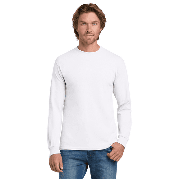 Gildan Ultra Cotton Crewneck T-Shirt for Men, Long Sleeve Classic Fit White Tee, L