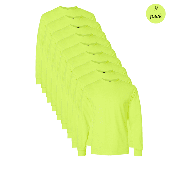 Gildan Ultra Cotton Hi-Vis Long Sleeve T-Shirt, Men Crew Neck Workwear Tee, Safety Green 9-Pack, M
