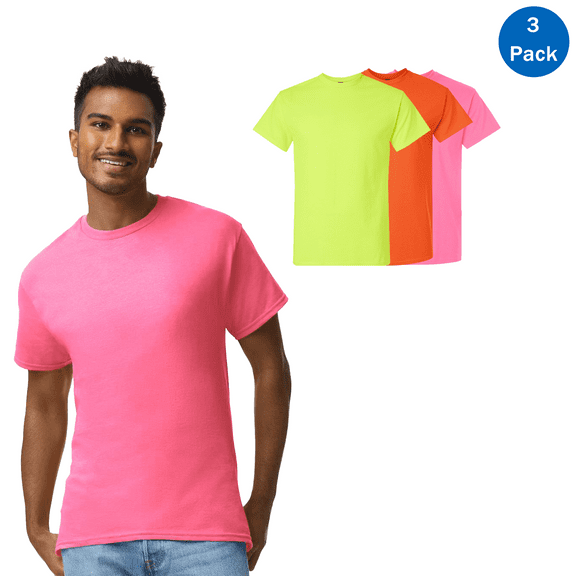 Gildan Ultra Cotton Hi Vis Multicolor T-Shirt, Men Short Sleeve Safety Green-Orange-Pink, 3 Pack, Size-S