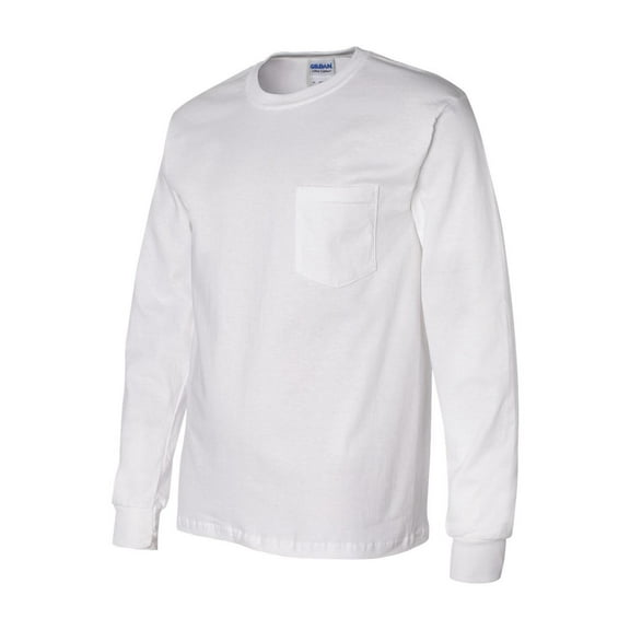 Gildan - Ultra Cotton Long Sleeve Pocket T-Shirt - 2410 - White - Size: XL