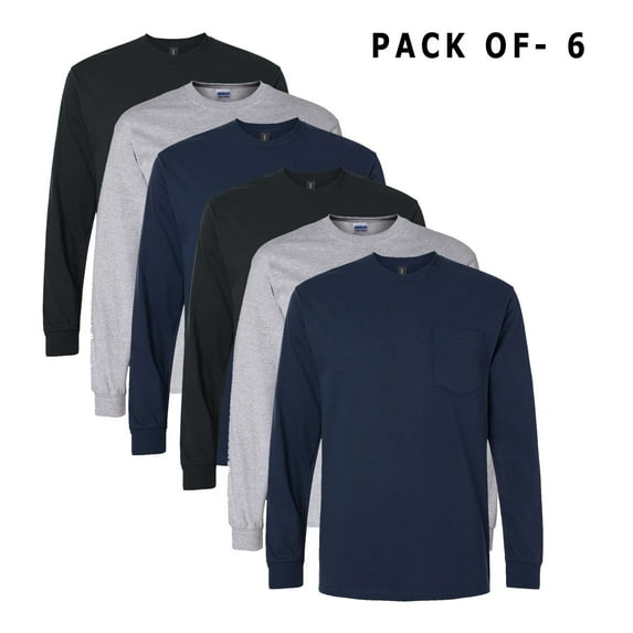 Gildan Ultra Cotton Long Sleeve Pocket T-Shirt for Men - M Size | 100% Cotton 6 Pack Multi Color Long Sleeve Shirt