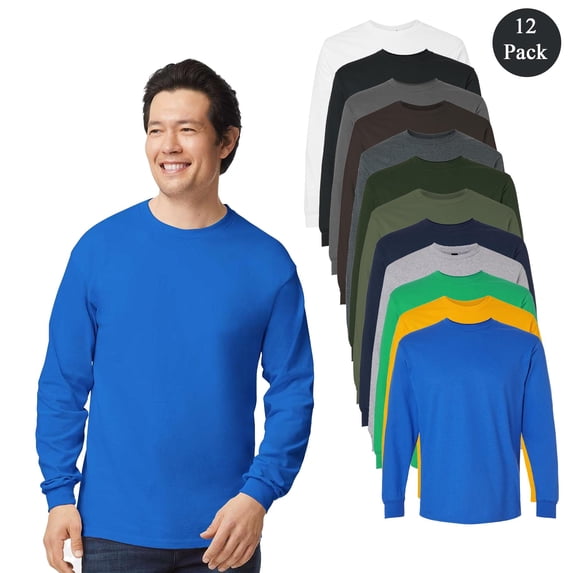 Gildan Ultra Cotton Long Sleeve T-Shirt, Adult’s Multicolor Casual Tee, Bulk 12 Pack, S
