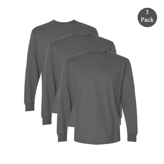 Gildan Ultra Cotton Long Sleeve T-Shirt, Men Comfortable Charcoal Color Classic Fit Tee, 3-Pack, L