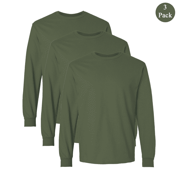 Gildan Ultra Cotton Long Sleeve T-Shirt, Men's Comfortable Crew Neck Military Green Tee, 3-Pack, 2XL