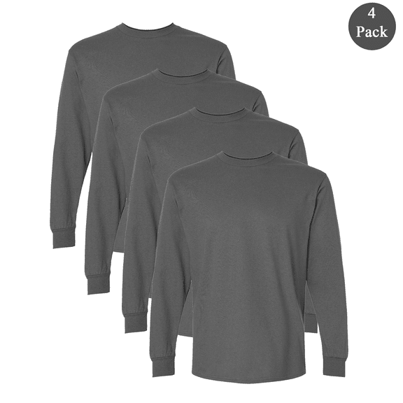 Gildan Ultra Cotton Long Sleeve T-Shirt, Men's Crew Neck Charcoal Color Comfort Tee, 4-Pack, 2XL