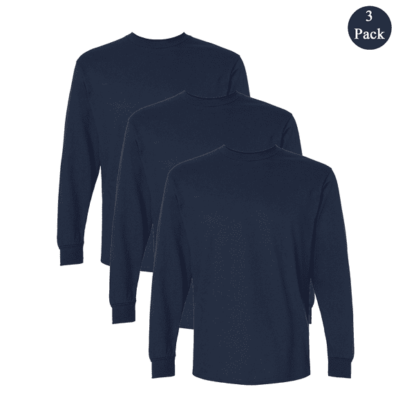 Gildan Ultra Cotton Long Sleeve T-Shirt, Men's Crew Neck Classic Fit Comfort Tee, Navy, 3-Pack, 2XL