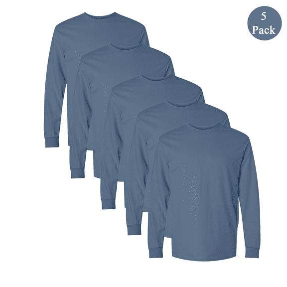 Gildan Ultra Cotton Long Sleeve T-Shirt for Men, Crew Neck Classic Fit Indigo Blue Tee, 5-Pack, M