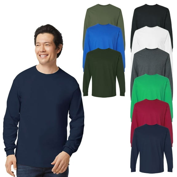 Gildan Ultra Cotton Men Assorted T-Shirt, Long Sleeve Crewneck 9 Pack Mix Tee Bulk, L