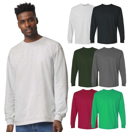 Gildan Ultra Cotton Men Crew Neck T-Shirt with Long Sleeve, Durable Assorted Color Tee, S, Pack 6