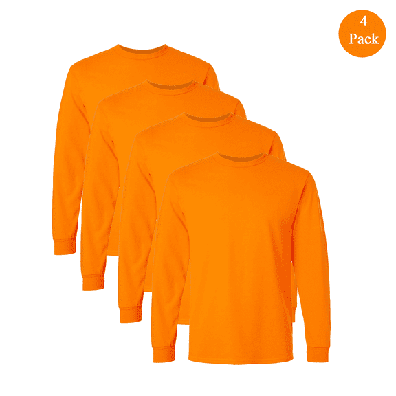 Gildan Ultra Cotton Men's Hi-Vis Long Sleeve T-Shirt, Crew Neck Work Tee, Safety Orange, 4-Pack, S