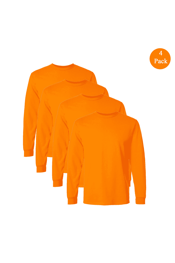 Ultra Cotton Men's Hi-Vis Long Sleeve T-Shirt, Crew Neck Work Tee, Safety Orange, 4-Pack, S