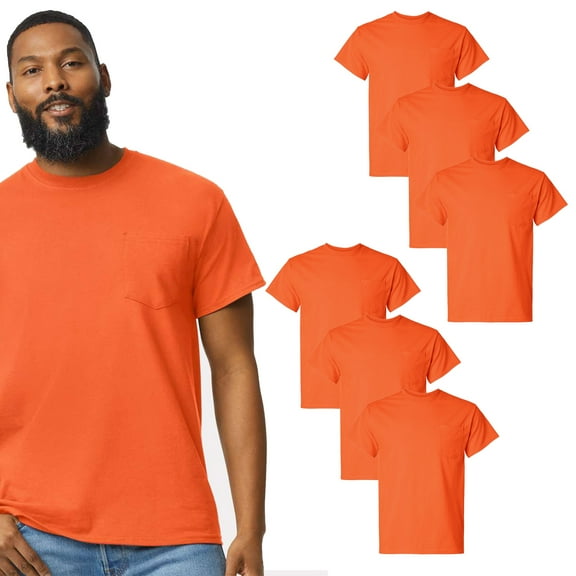 Gildan Ultra Cotton Men’s Hi Vis Pocket T-Shirt, Safety Orange, S-5XL, 6-Pack, Short Sleeve Work Tee