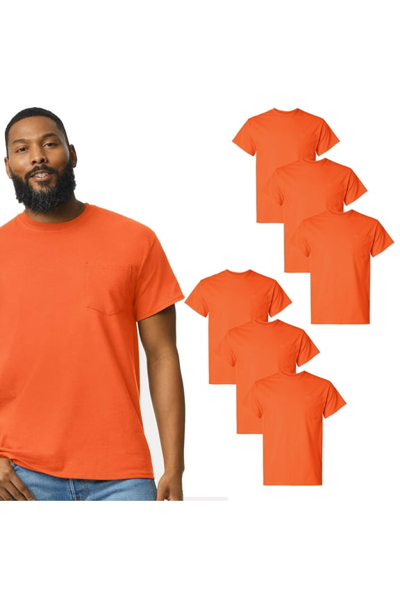 Ultra Cotton Men’s Hi Vis Pocket T-Shirt, Safety Orange, S-5XL, 6-Pack, Short Sleeve Work Tee