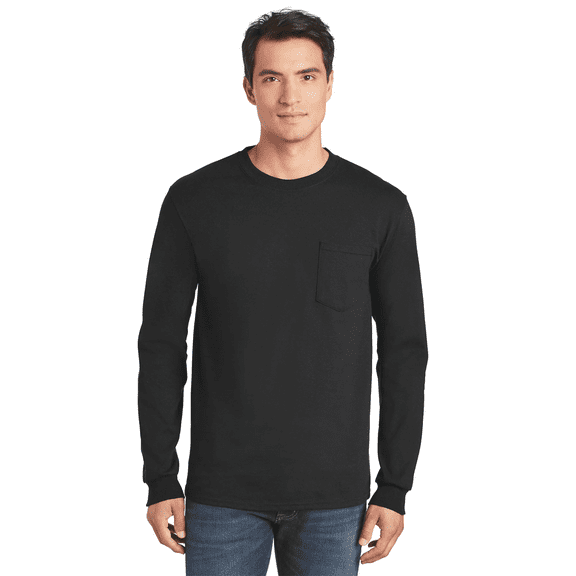 Gildan Ultra Cotton Men’s Long Sleeve Pocket T-Shirt, Casual Crewneck Tee, Black, 3XL