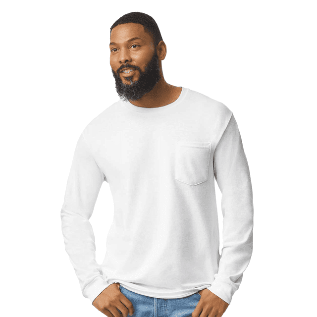 Gildan Ultra Cotton Men’s Long Sleeve Pocket T-Shirt, Casual Crewneck Tee, White, M