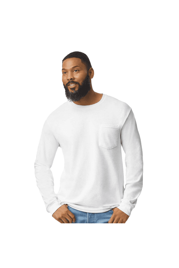 Ultra Cotton Men’s Long Sleeve Pocket T-Shirt, Casual Crewneck Tee, White, XL