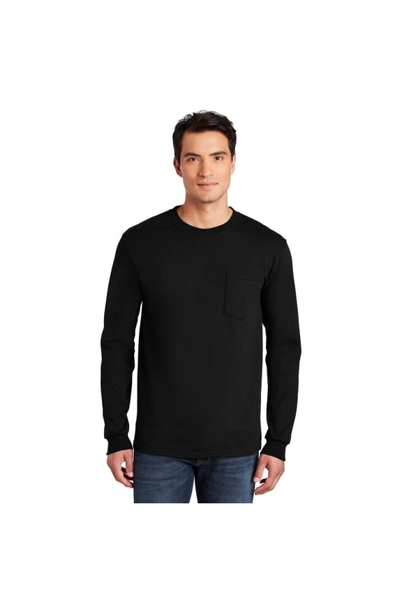 Ultra Cotton Men’s Long Sleeve Pocket T-Shirt, Comfortable, Crewneck Classic Fit, Black, L
