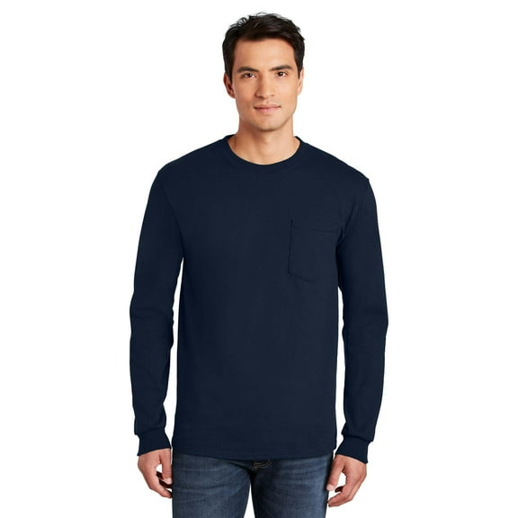 Gildan Ultra Cotton Men’s Long Sleeve Pocket T-Shirt, Comfortable, Crewneck Classic Fit, Navy, L