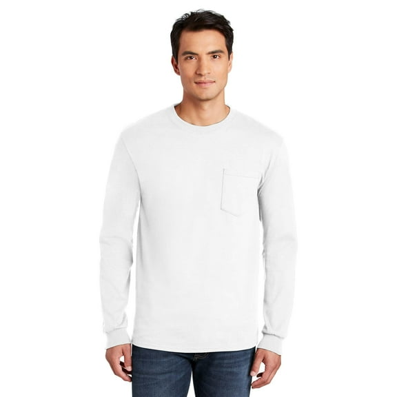 Gildan Ultra Cotton Men's Long Sleeve Pocket T-Shirt, Comfortable, Crewneck Classic Fit, White, XL