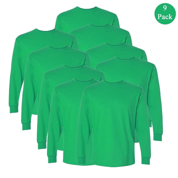 Gildan Ultra Cotton Men's Long Sleeve T-Shirt, Crew Neck Casual Bulk Tee, Irish Green, 9-Pack, 2XL