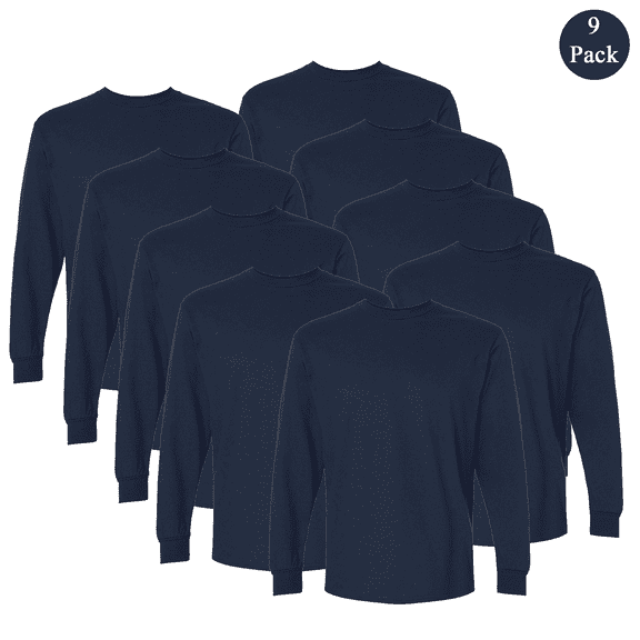 Gildan Ultra Cotton Men's Long Sleeve T-Shirt, Crew Neck Classic Fit Blank Tee, Navy, 9-Pack, 5XL