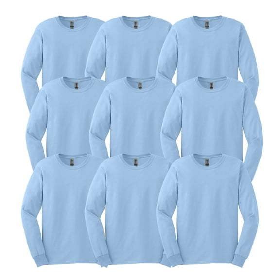 Gildan Ultra Cotton Men's Long Sleeve T-Shirt, Crewneck Classic Fit 9 Pack Bulk, Light Blue, L