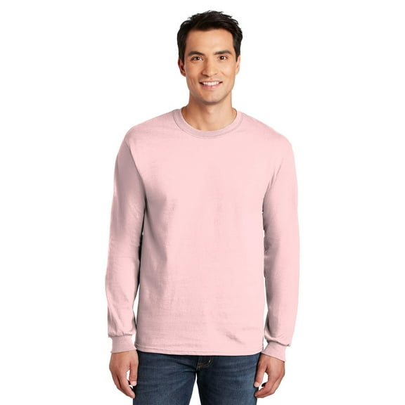 Gildan Ultra Cotton Men's Long Sleeve T-Shirt, Durable, Crewneck Classic Fit Tee, Light Pink, XL