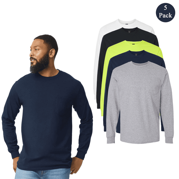 Gildan Ultra Cotton Men's Pocket Long Sleeve Tee, Heavyweight Cotton Shirt, Mix Color, Pack 5, XL