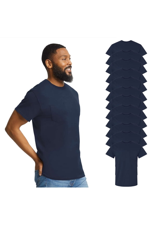 Ultra Cotton Pocket T-Shirt for Men, 100 Cotton, Short Sleeve, Left Chest Pocket, Navy, M
