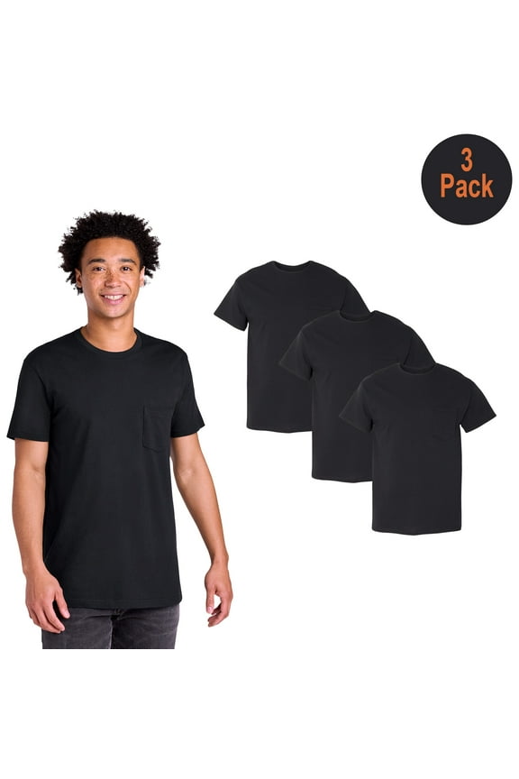 Ultra Cotton Pocket T-Shirt for Men, 3 Pack Short Sleeve Classic Fit Tee, Black, S