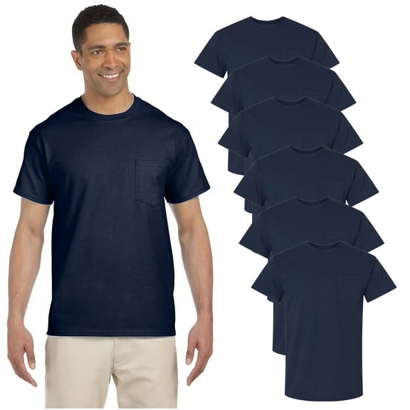 Gildan Ultra Cotton Pocket T-Shirt for Men, 6 oz. 100% Cotton, Navy, Men's Shirt, Pack of 6, S
