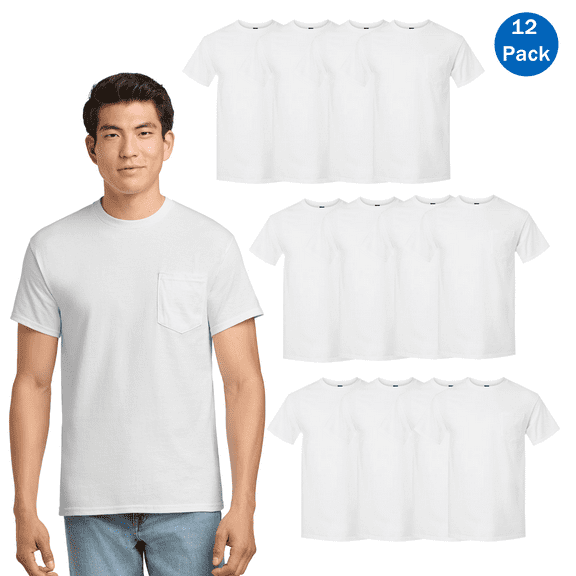 Gildan Ultra Cotton Short Sleeve Pocket T-Shirt, Pure Cotton Rib Collar White Tee, 12 Pack, S
