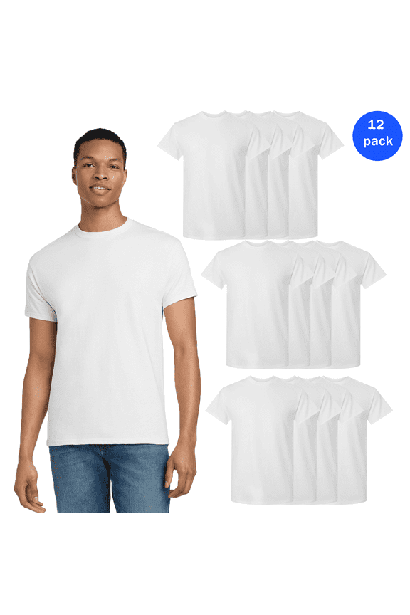 Ultra Cotton Short Sleeve T-Shirt for Men, Rib Collar Casual White Tee, 12 Pack, XL