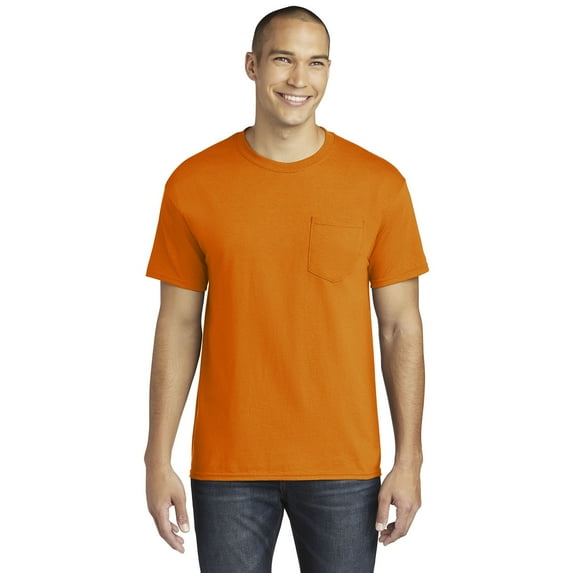 Gildan Ultra Cotton Hi-Vis Pocket T-Shirt, Men's Work Tee, Short Sleeve Crewneck, Safety Orange, S