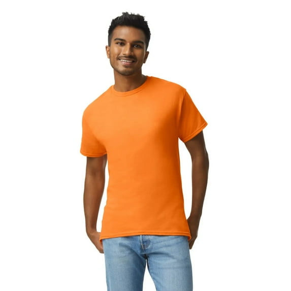 Gildan Ultra Cotton T-Shirt for Men, Hi-Vis Rib Collar Safety Tee, 50/50 Cotton/Poly, Orange, 2XL