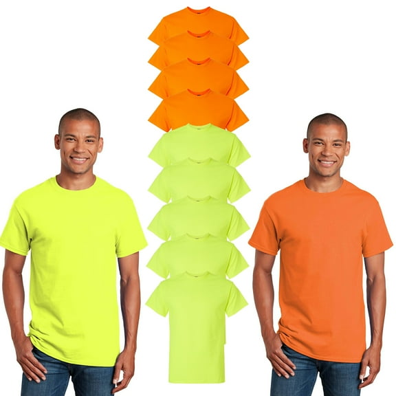 Gildan Ultra Cotton Work Safety T-Shirt, High Visibility Green and Orange, 9 Pack, Men Sizes S-5XL