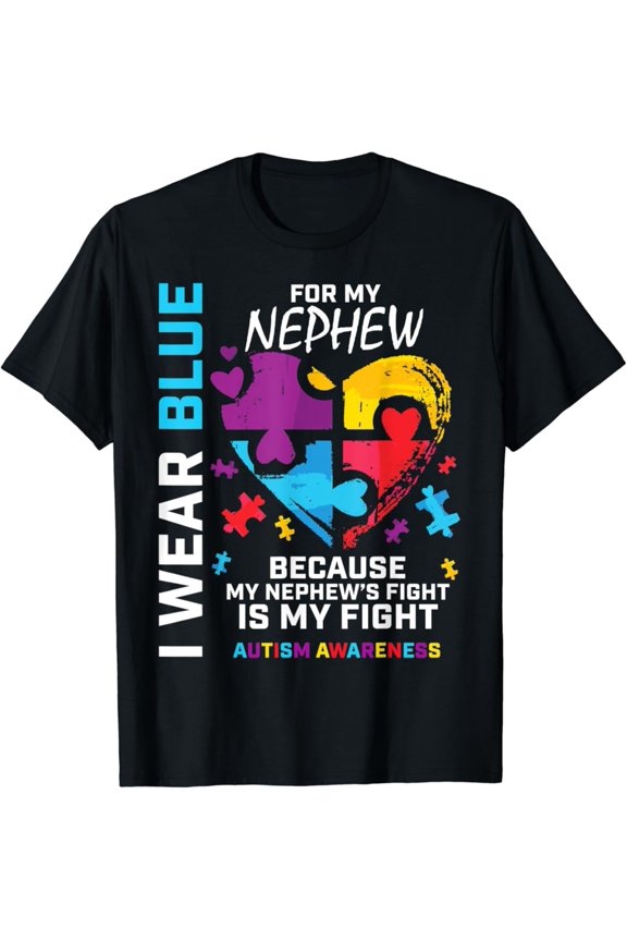 Uncle Aunt Heart I Wear Blue For My Nephew Autism Awareness T-Shirt Gift for Men Women Unisex Tee
