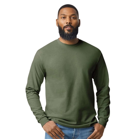 Gildan Unisex Heavy Cotton Long Sleeve T-Shirt 100% Cotton Classic Fit Plain Long Tee (Military-Green, L)