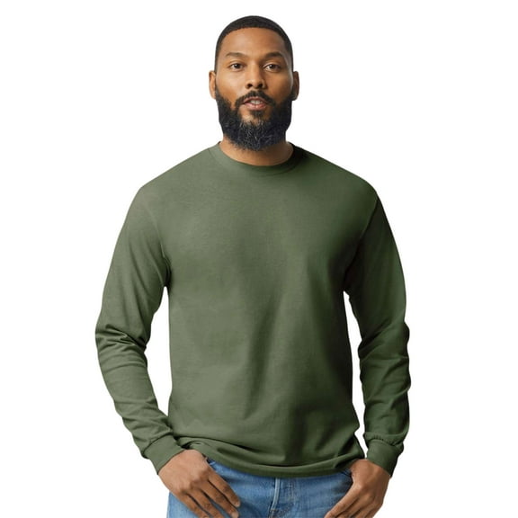 Gildan Unisex Heavy Cotton Long Sleeve T-Shirt 100% Cotton Classic Fit Plain Long Tee (Military-Green, S)
