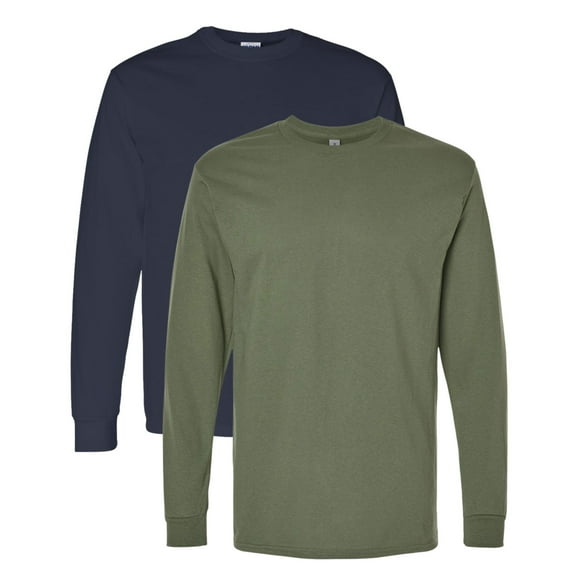 Gildan Unisex Heavy Cotton Long Sleeve T-Shirt, Crewneck Tees 100% Cotton Long Tee Shirts for Men (Navy+Military Green 2 Pack, M