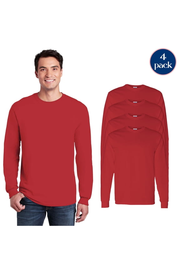 Unisex Heavy Cotton Long Sleeve T-Shirt, Rib Collar Taped Neck Red Tee, 4 Pack, L