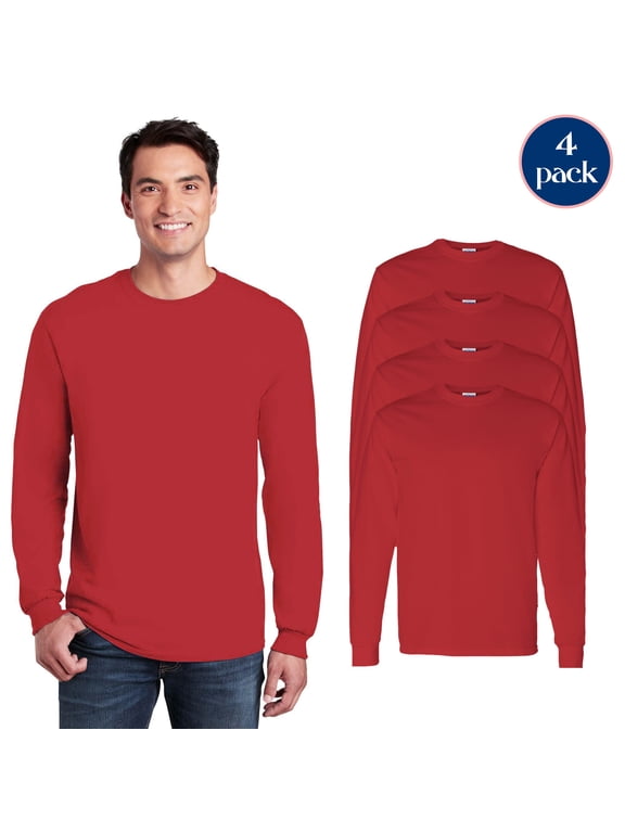 Unisex Heavy Cotton Long Sleeve T-Shirt, Rib Collar Taped Neck Red Tee, 4 Pack, XL